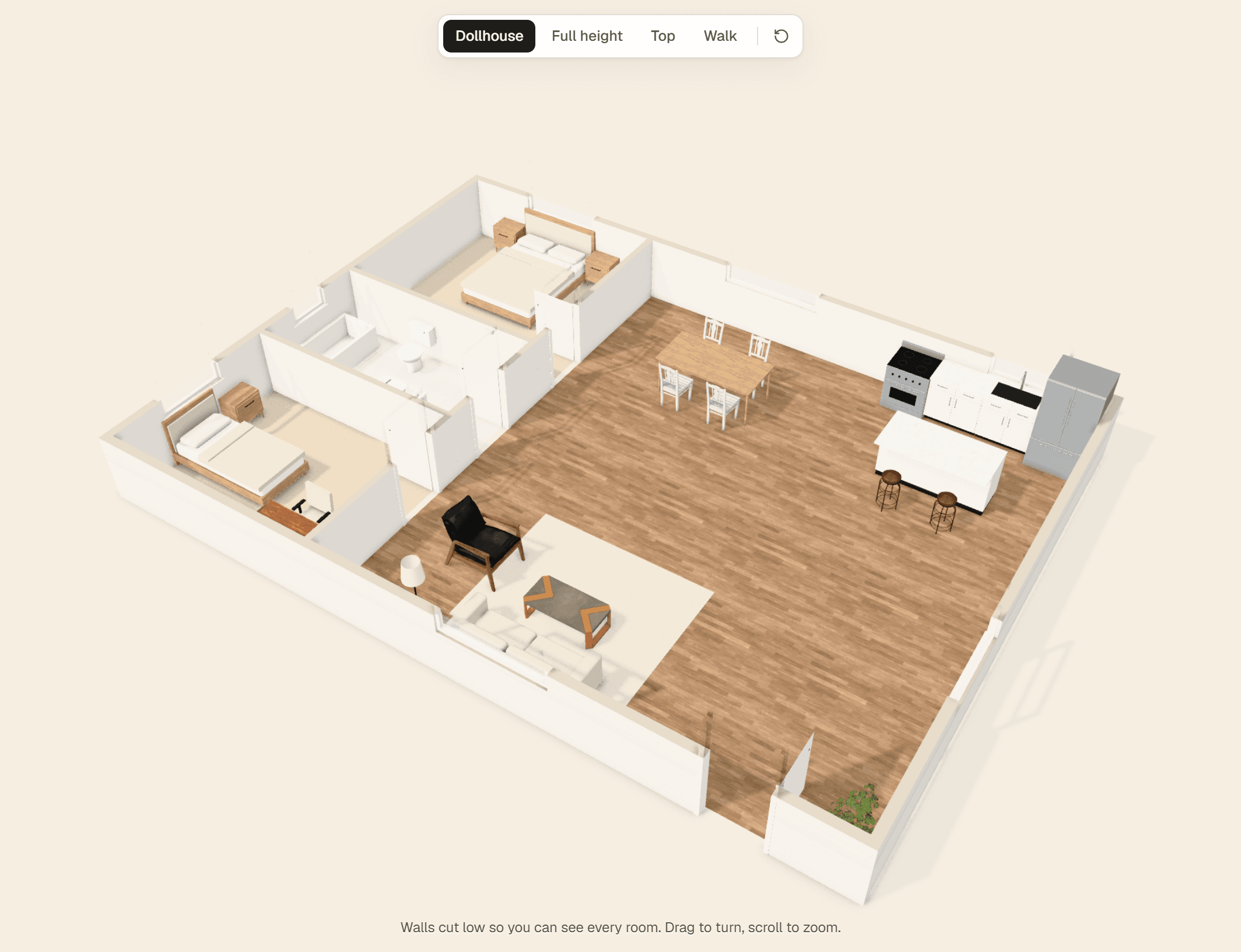 The same home in 3D, with walls cut low to show every room and its furniture