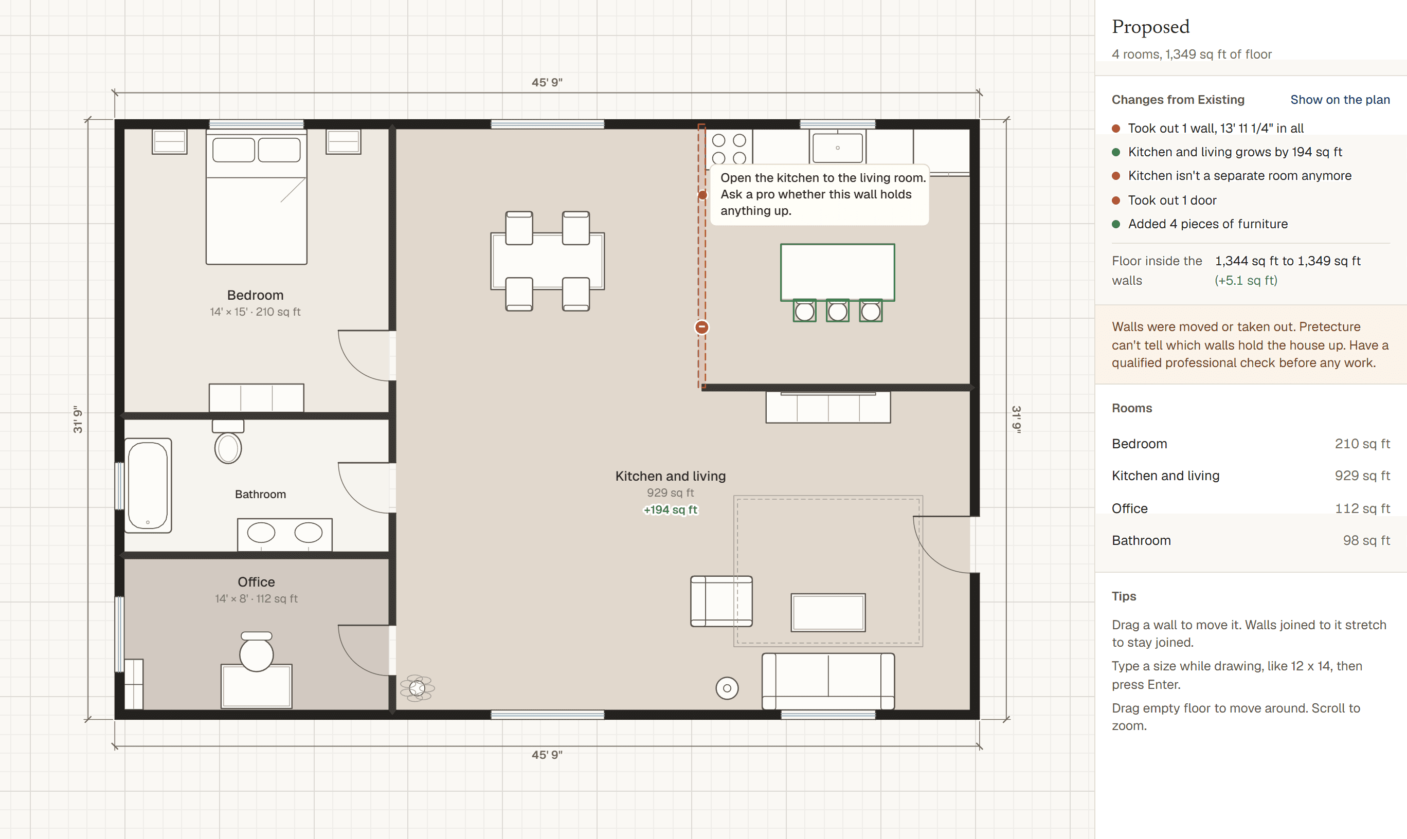 A remodel comparison with the removed kitchen wall outlined in red and the new floor area for the open room
