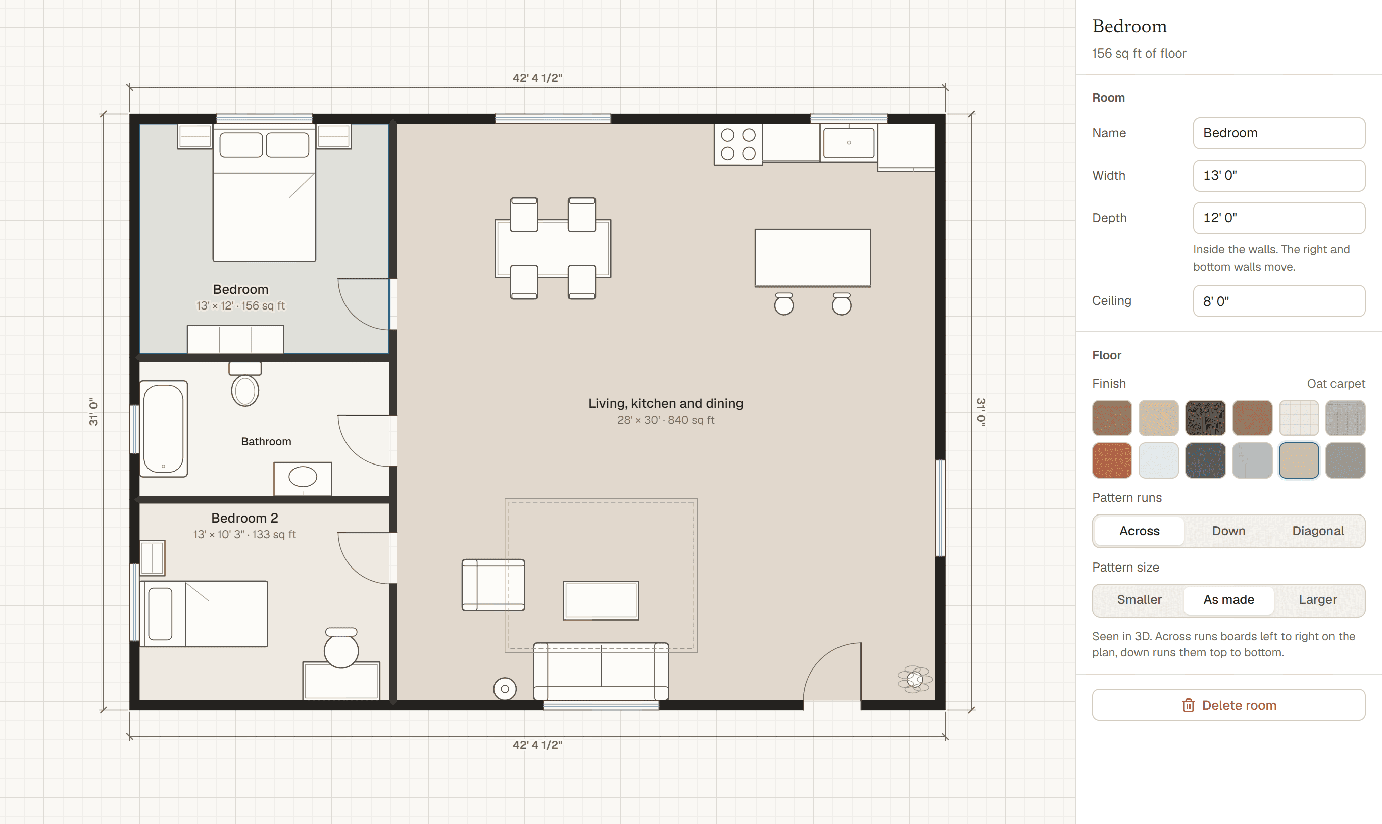 A two bedroom floor plan in the Pretecture studio with room sizes, doors, windows and furniture